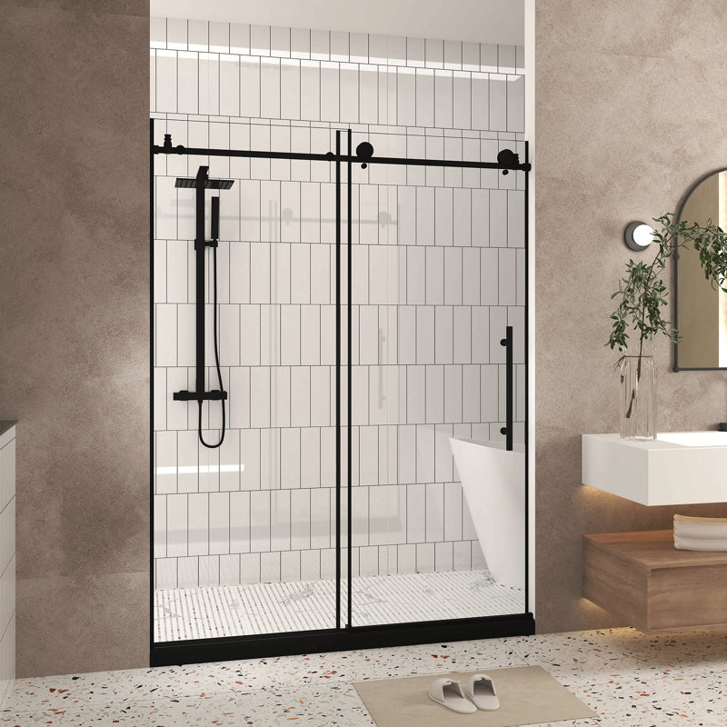 Frameless Shower Door, 1/4 "(6 Mm) Clear Tempered Glass, Explosion Proof Film, Stainless Steel Handle, Matte Black