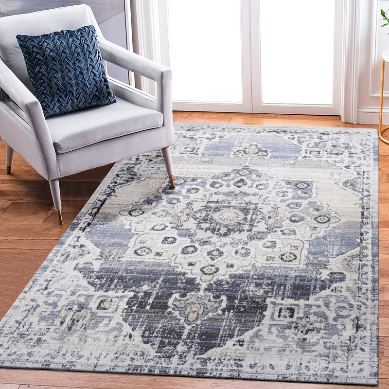 Tapis médaillon crème et bleu 5x7