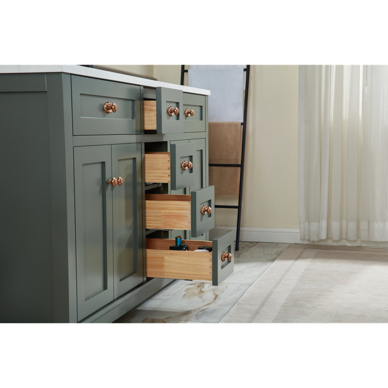 60" Finish Solid Wood Sink Vanity With 1' Artificial Stone Top, Pewter Green, Rose Gold