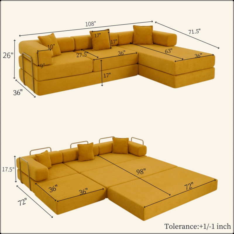 Canapé modulaire de 108 po avec méridienne en forme de L, méridienne désossée avec assise profonde, canapés à compression en éponge sans assemblage, canapé-lit pliant moderne avec dossier amovible