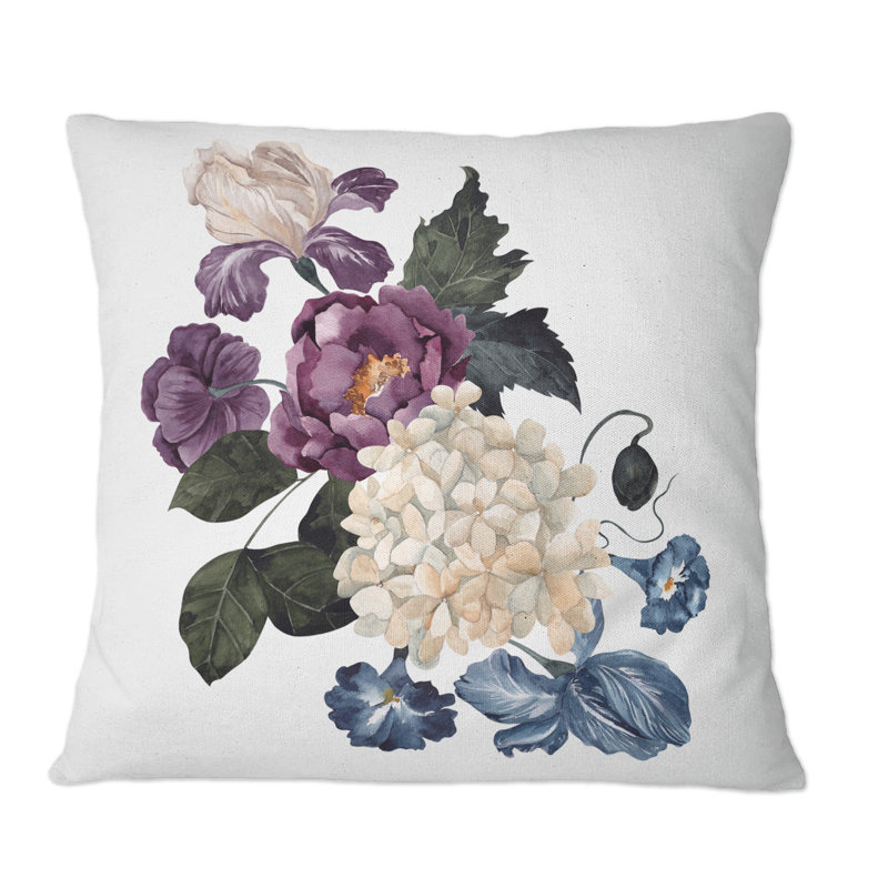 Bouquet rétro avec fleurs et feuilles rétro IV - coussin décoratif traditionnel, 16 po x 16 po