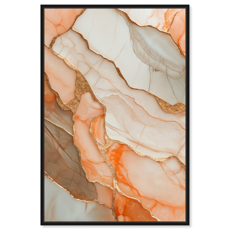 «Peach Agate Flow», art abstrait élégant par , Cadre flottant noir, H 16 po x l 11 po