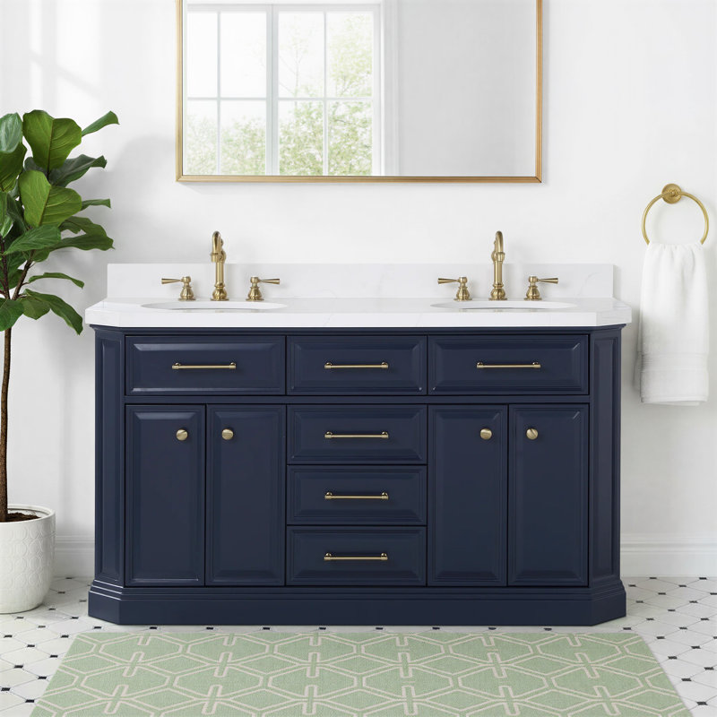 Ensemble de meuble-lavabo double 60 po Bruning Quartz, Bleu monarque, Or satiné