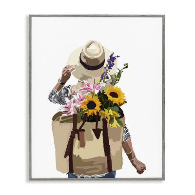 Femme portant un sac à dos floral avec fleurs de tournesol variées par Amelia Noyes - peinture à cadre flottant sur bois