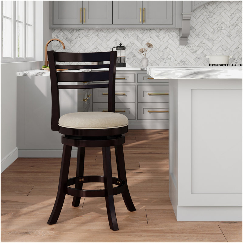 24" Counter Height Slat Back Swivel Stool, Espresso Finish, Beige Fabric Seat, White, Espresso