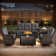 Aluel 5-Pieces Outdoor Wicker Patio Conversation Furniture Set with Rocking & Swivel Chairs and Rectangular Fire Pit Table with Windshield