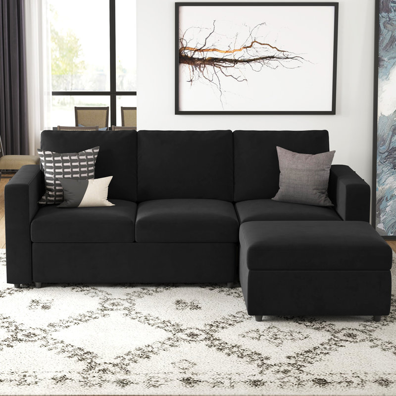 Canapé modulaire en velours 3 pièces avec repose-pieds et rangement 3 pièces Rafael, Velours noir