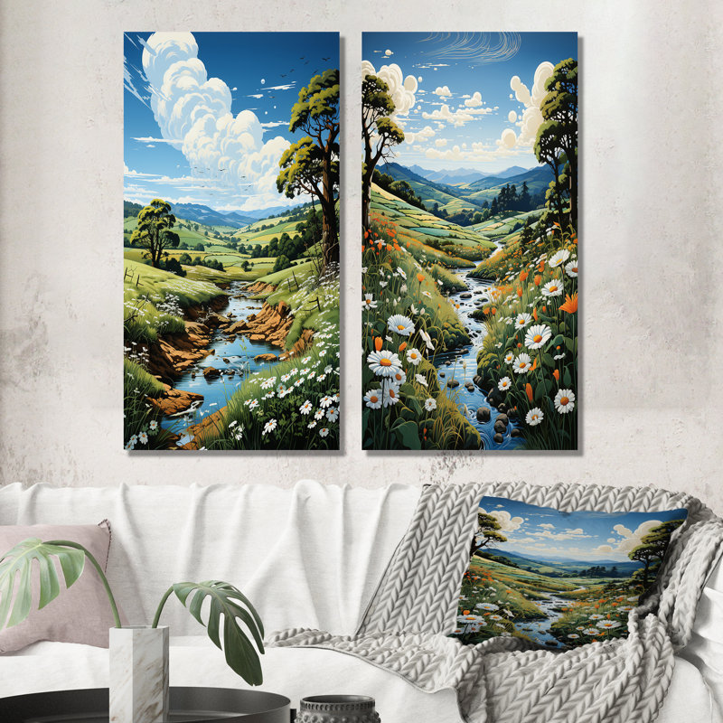 «Countryside River Bend», 2 pièces sur toile, Toile tendue, H 32 po x l 32 po