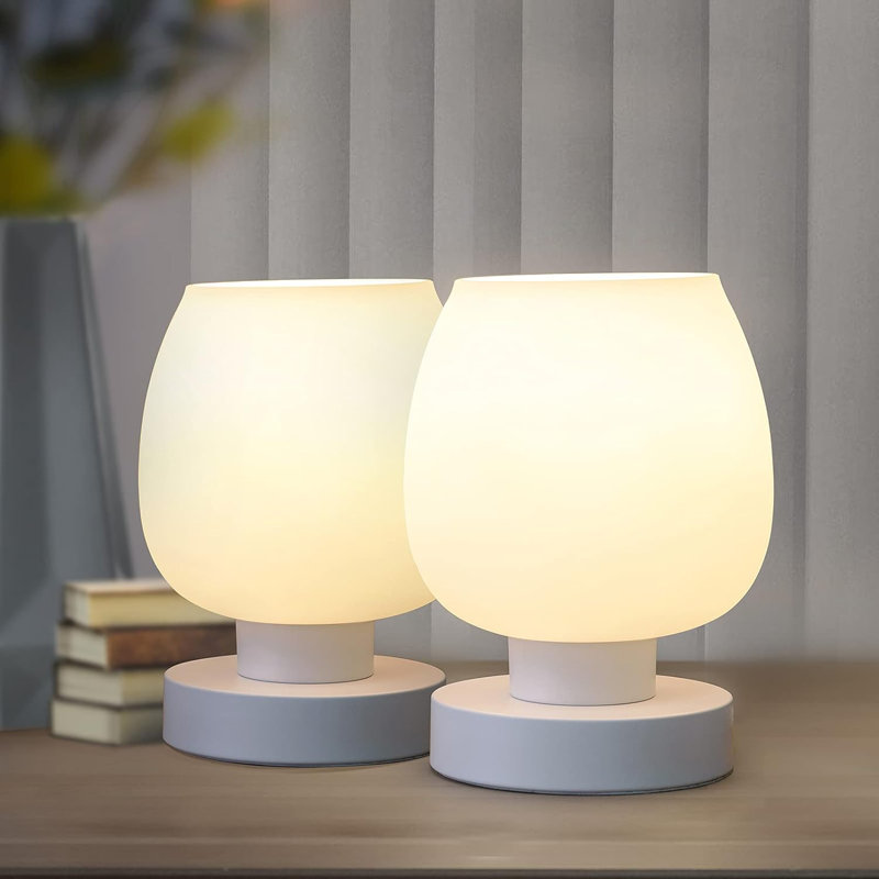 Small Modern White Opal Glass Touch Bedside Lamps with USB Ports