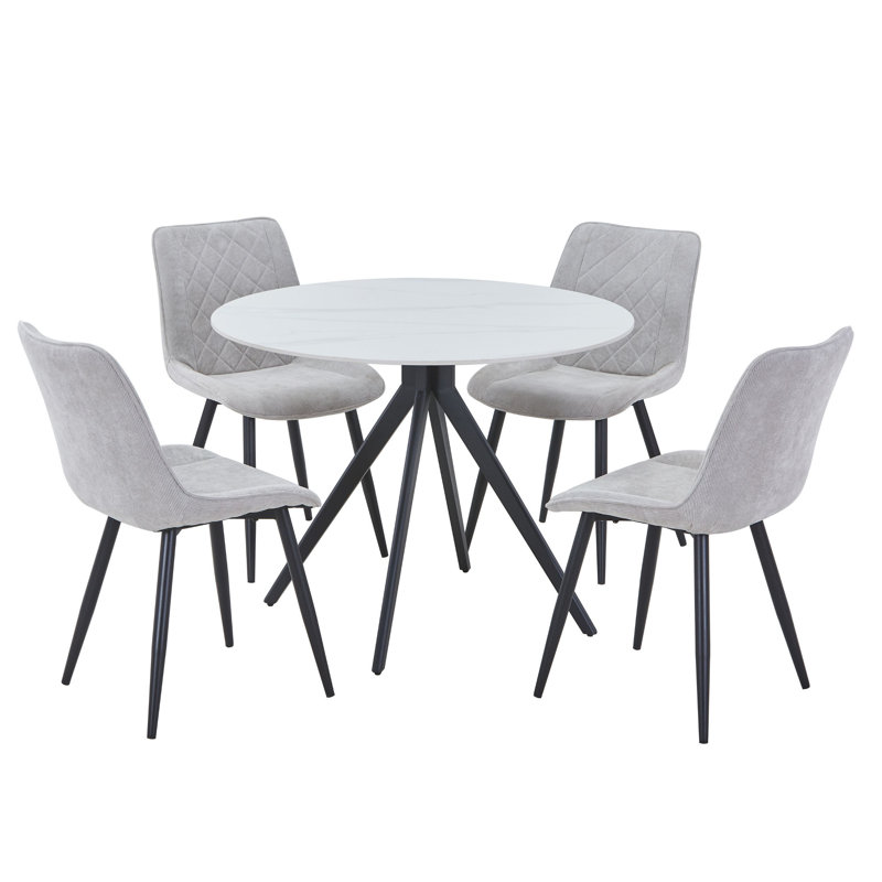 Aspen Sintered Stone Round Table with 4 Diamond Stitch Upholstered Fabric Chairs - Modern Dining Set, Light Grey