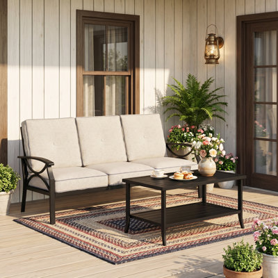 Ensemble de patio extérieur en métal pour 3 personnes avec structure en fer robuste, ensembles de mobilier de patio avec revêtement antirouille avancé pour toutes les saisons, ensemble de conversation pour l'extérieur avec housses de coussin lavables résistantes aux intempéries pour la cour, la terrasse et le jardin