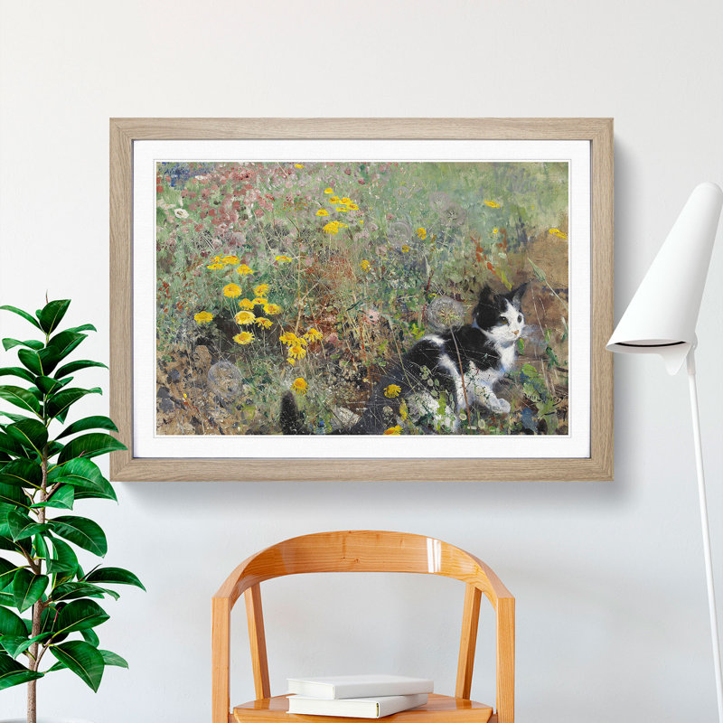Cat on a Flowerbed by Bruno Liljefors - Picture Frame Painting, Oak Framed, 27cm H x 36cm W x 2cm D