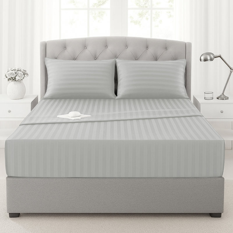 200 Thread Count Microfibre Stripe Fitted Sheet 40cm, Silver, Double (4'6)