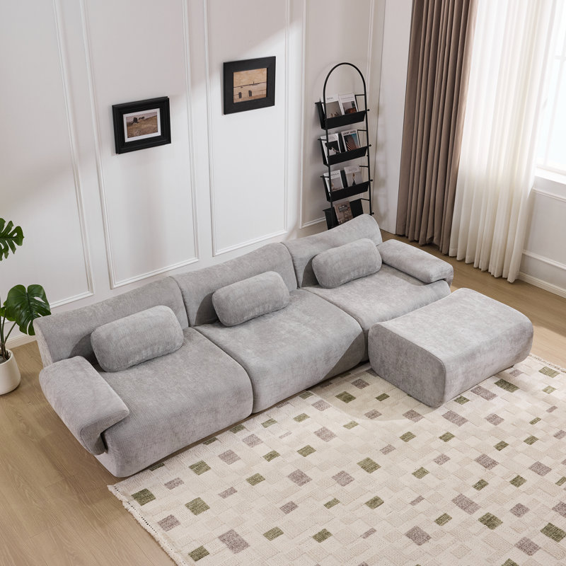Canapé modulaire en chenille à assise profonde et repose-pieds en rayonne de 108 po Boneless, Gris chenille