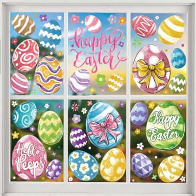 6 Sheets Easter Window Clings Large Easter Eggs Window Decals Oil Painting Eggs Flowers Stickers For Home Office School Decor Spring Glass Window Decoration