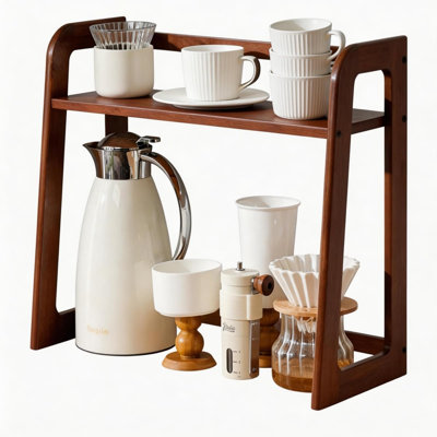 Bamboo Coffee Station Organizer, 2-Tier Wooden Kitchen Counter Shelf For Bar Accessories, Multi-Functional Countertop Storage Rack For Syrup Bottles , Coffee Essentials