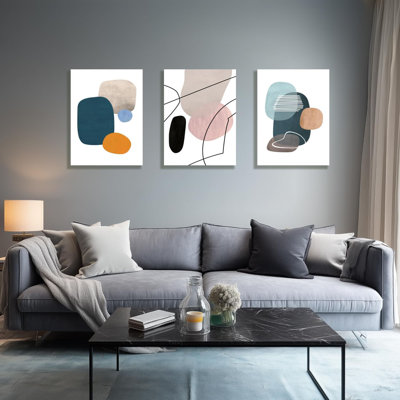 Art mural géométrique abstrait encadré, décoration murale en bloc de couleur beige bleu orange, peinture sur toile minimaliste moderne, image esthétique géométrique colorée de style bohème neutre pour le salon 12 po x 16 po x 3 po