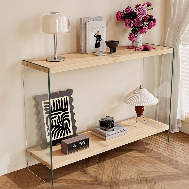  Rectangular Tempered Glass Console Table Entryway Storage Table With Wood-toned Mdf Top And Storage Shelf For Hallway, Living Room, Foyer, Apartment, Office