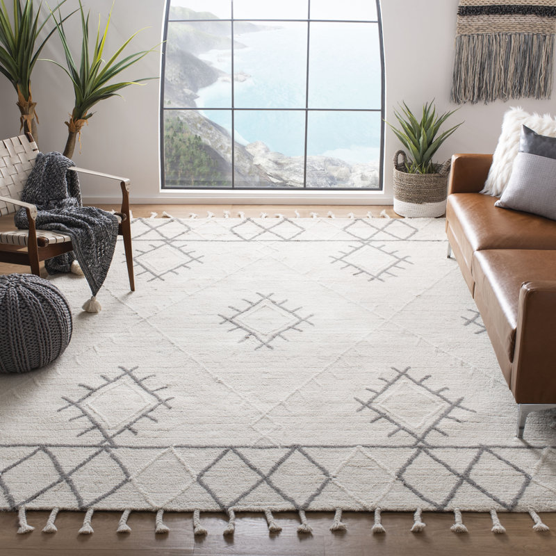 Tapis ivoire / gris en laine touffeté à la main Powell, Rectangle 10 pi x 14 pi