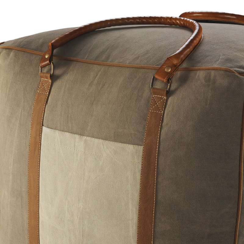 Abedin Cotton and Leather Handmade Ottoman Pouf, Brown/Gray/Cream