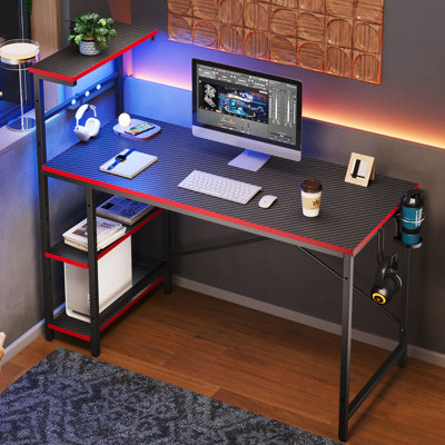 Nedyo Computer Desk with RGB LED Lights & Reversible Storage Shelves,Home Office Desk with Hooks, CPU Stand,Cup Holder and Cloud Magnets,Gaming Desk.
