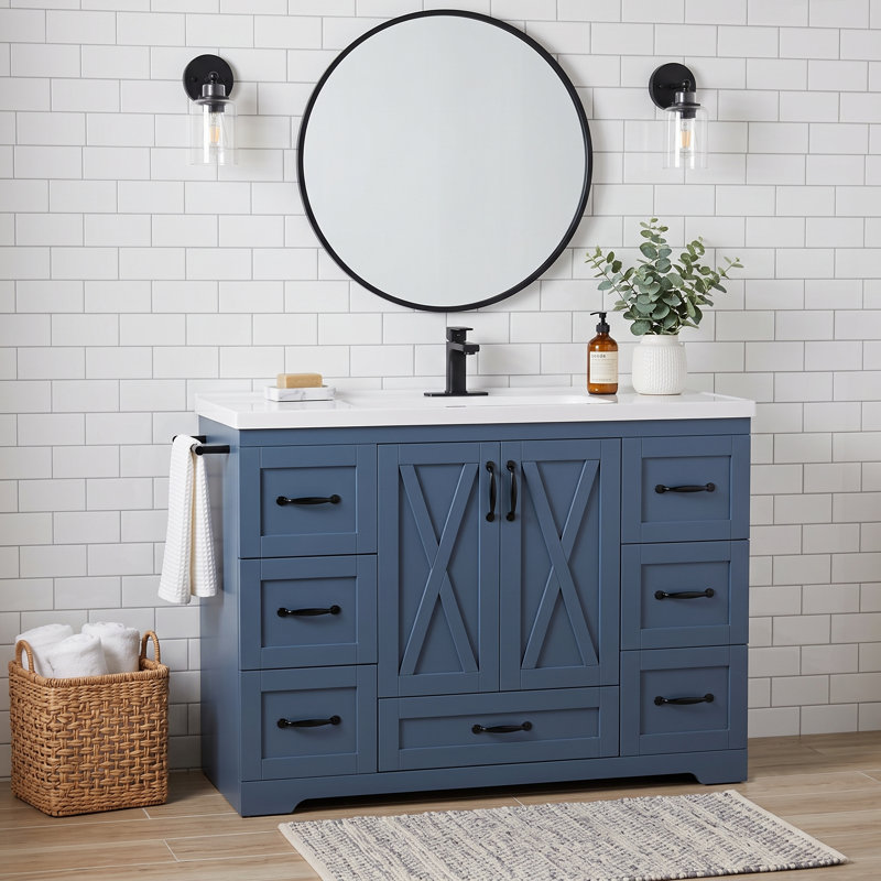 Meuble-lavabo simple autoportant 48 po avec plateau en céramique, tablette réglable, rangement pour porte et barre à serviettes latérale 48 po