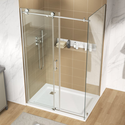 Porte de douche coulissante simple sans cadre 48-1 / 16 "x H 76" avec panneau de verre latéral 35-3 / 8 ", cabine de douche en verre trempé certifié ANSI de 8mm et 10mm avec 2 options de finition