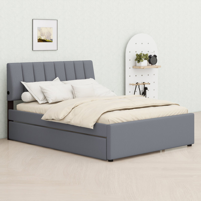 Lit plateforme avec lit gigogne et éclairage DEL, Double, Gris