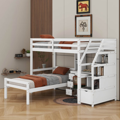 Lit mezzanine simple avec lit autonome, escalier de rangement, bureau, tablettes et tiroirs
