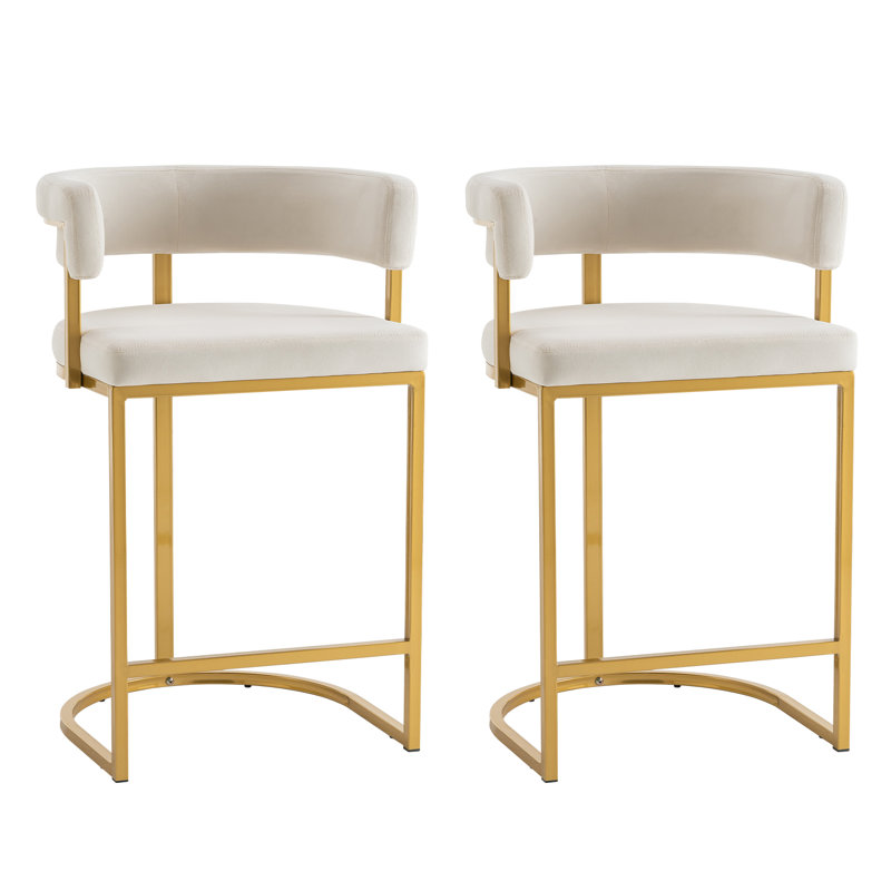 Modern Velvet Bar Stools With Barrel Backrest, Upholstered Seat, And Metal Footrest – 25.6-inch Seat Height, Ideal For Counters, Home Bars, And Kitchen Islands