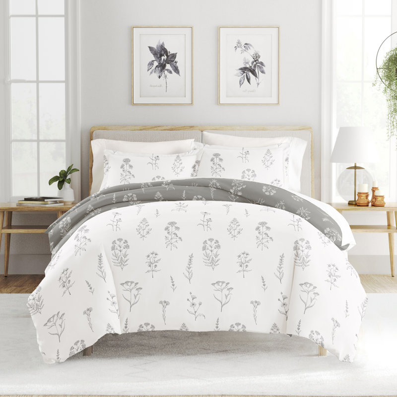 Light Gray Floral Microfiber Full/Queen Duvet Cover Set