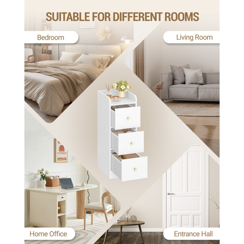 Slim Bedside Table, Narrow Side End Tables with 3 Drawers, Bedside Cabinet with Top Guard, Small Nightstand for Bedroom, Living Room, Office, 30 x 24 x 60 cm White