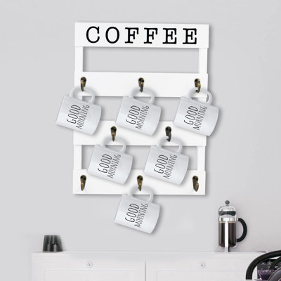 Solid Wood Coffee Mug Holder Wall Mounted, Rustic Cup Rack With 8 Hooks