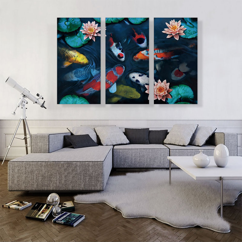 Or, rouge, carpe, carpe, étang, feuilles, lotus, fleur - ensemble de 3 reproductions d'art sur toile tendue
