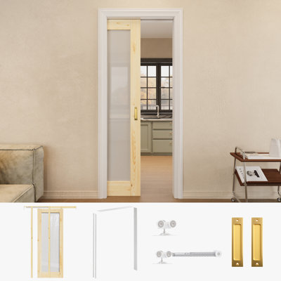 Porte en bois de pin massif 30 po x 80 po à 1 porte coulissante en verre givré avec quincaillerie dorée et cadre de porte blanc