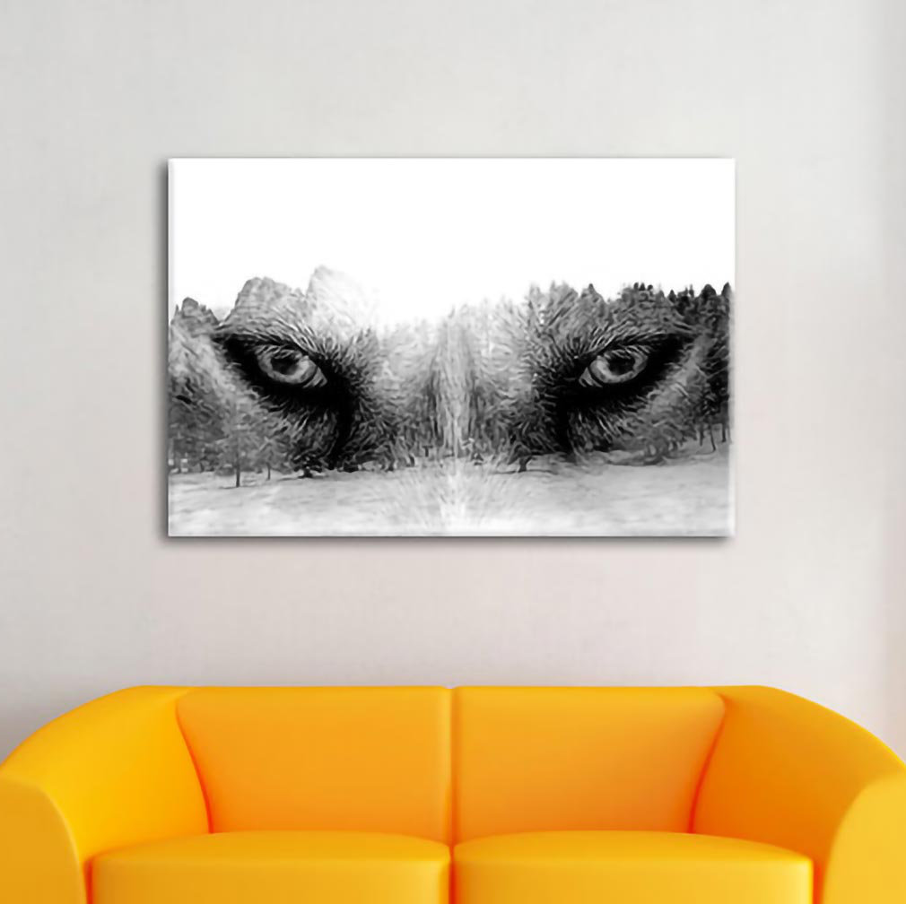 Leinwandbild Overlay-Wolf-Augen über Winterwald