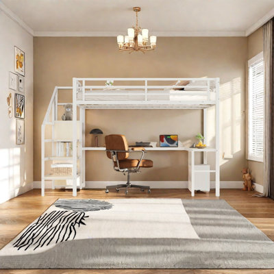 Grand lit mezzanine en métal avec garde-robe, escalier, port USB et DEL, bureau en L, escalier de rangement - structure de lit mezzanine peu encombrante avec garde-corps pour chambre à coucher ou bureau personnel