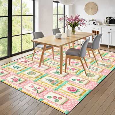 8 x 10 tapis pour la salle de Mahjong Tapis de Mahjong coloré Fleurs Papillons Pagodes Boho Tapis lavable pour le salon Tapis pour la salle à manger Tapis en caoutchouc souple antidérapant pour bureau de chambre de bébé