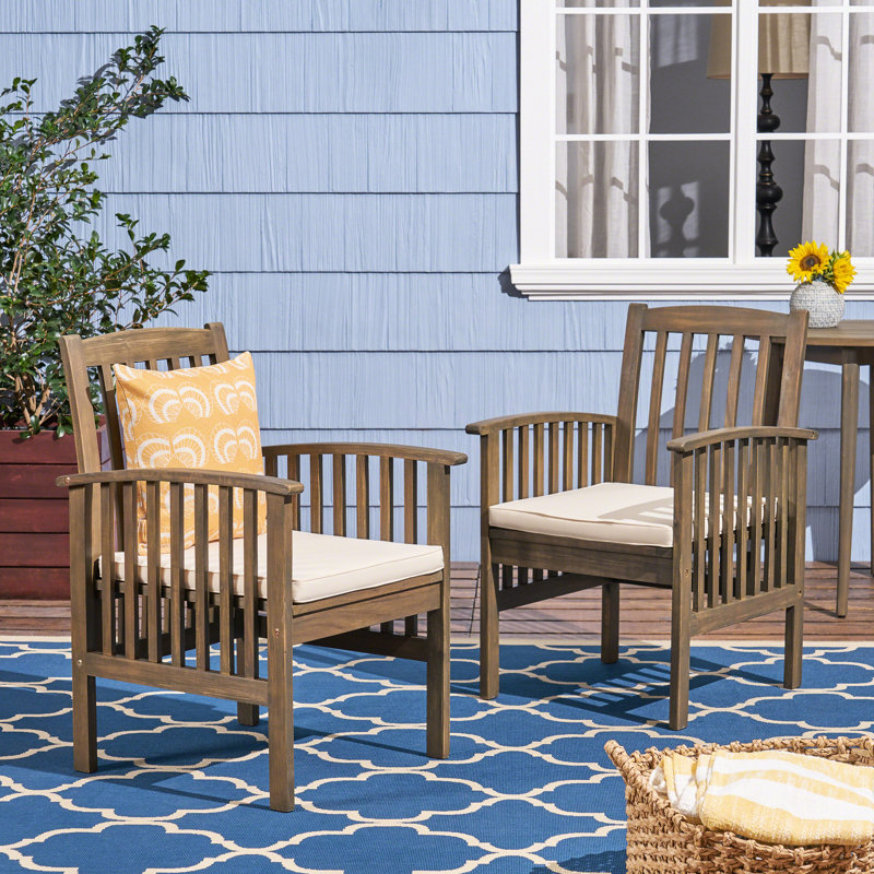 Chaise de salle à manger en bois pour l'extérieur, 2 pièces - coussins d'eau gris et crème, avec siège gris et crème, pour utilisation