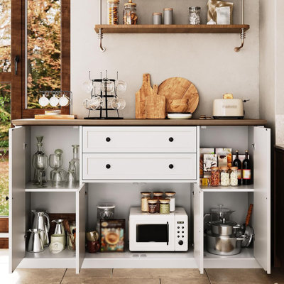 Farmhouse 58" Sideboard Buffet Cabinet with 2 Drawers & 4 Grooved Barn Doors, Wood Coffee Bar Cabinet Table for Kitchen Dining Room