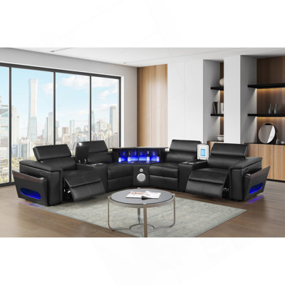 Nova Modern Style Sectional With 1 Console (Fridge), Wedge With Bluetooth Speaker, LED And Lifting Wine Cabinet - Black