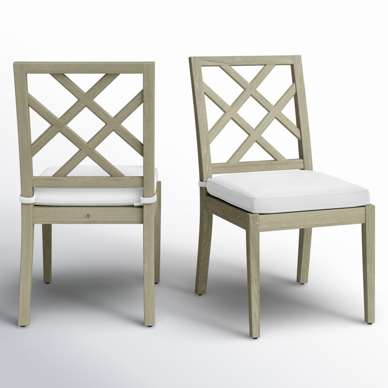 Haley Patio Dining Side Chair with Cushions, Oyster Teak, Rollo Lace, Welt
