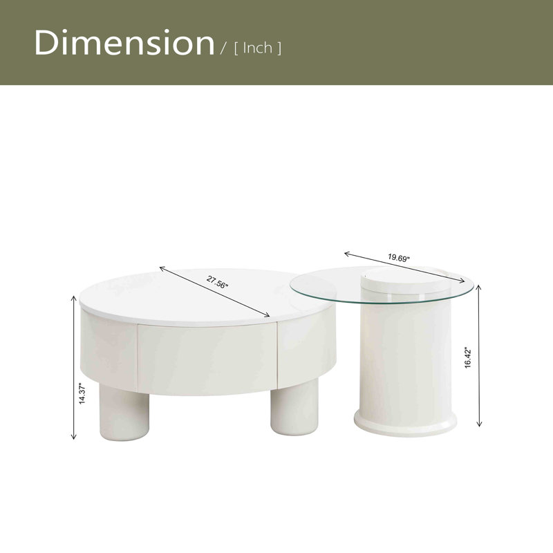 Round Nesting Coffee Table Set Of 2, Coffee Table With Storage Drawer, White Plastic Centre Table For Living Room