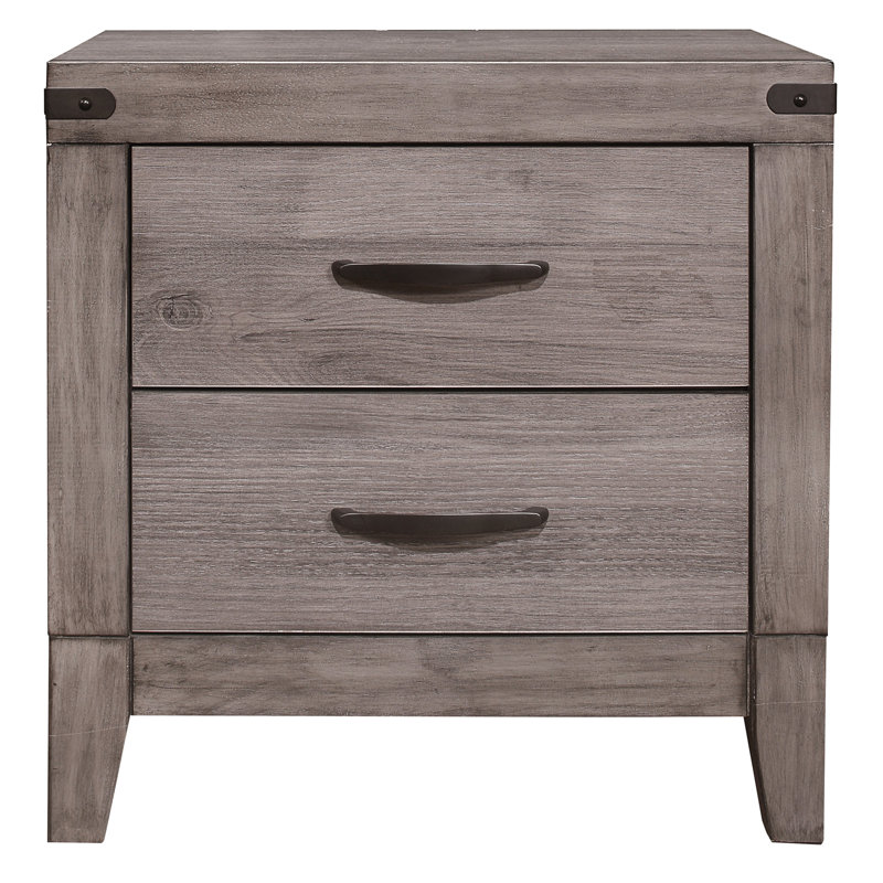 Table de chevet brune et grise pour la chambre à coucher - 2 tiroirs, finition en bois et en stratifié, fabrication