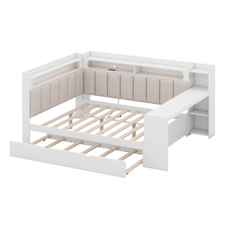 Full Size Corner Bed Frame, Daybed With Storage Shelves & Trundle, Wood Corner Bed With LED Light, Desk, White/Beige