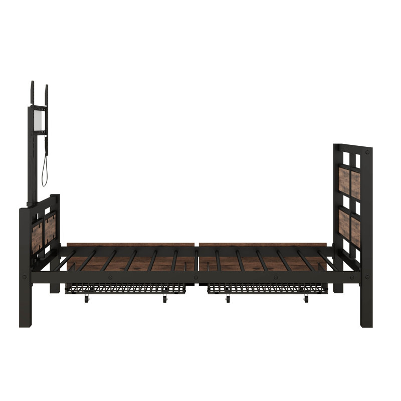Selia Twin Size Metal Platform Bed with Two Storage Drawers and Rotatable TV Stand, Black/Brown