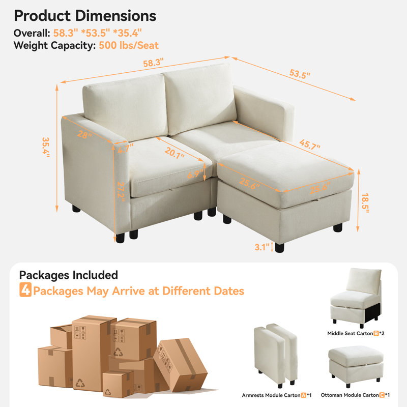58.3” Upholstered Loveseat With Under-Seat-Storage, Ottoman, Chenille, Beige Chenille