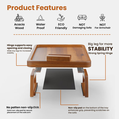 Acacia Couch Arm Table With Phone Holder - Wooden Sofa Armrest Tray - Clip-on Tray For Wide Couch - Side Table For Eating & Drink