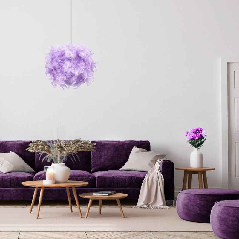 Eye-Catching and Modern Genuine Feather Decorated Pendant Light Shade, 30cm H x 40cm W x 40cm D, Lilac