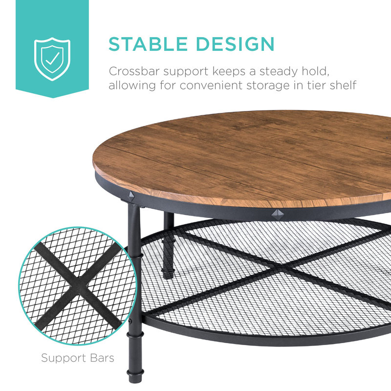 Brown Round Wood and Metal 2-Tier Coffee Table
